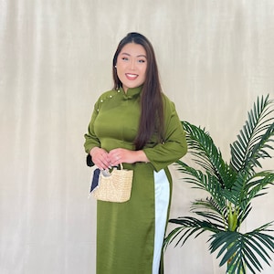 Dark Green Ngoc Trai Silk Pearl Ao Dai Set 23B| Pre-made Traditional Vietnamese Ao Dai | Ao Dai with Pants | Lunar New Year|Ao Dai Cach Tan|
