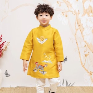 Boy Yellow Moon Ao Dai | Pre-made Traditional Vietnamese Ao Dai | Lunar New Year| Ao Dai Truyen Thong | Kid Ao Dai | Ao Dai for Boy
