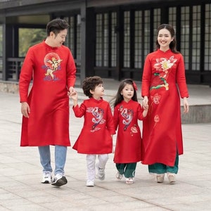 Family Red Embroidery Ao Dai Set 9E| Pre-made Traditional Vietnamese Ao Dai | Lunar New Year | Ao Dai for Girl, Mom, Dad, Boy | Ao Dai Tet |