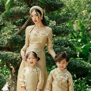 Family TAN Gam Ao Dai Set| Pre-made Traditional Vietnamese Ao Dai | Lunar New Year | Ao Dai for Girl, Mom, Dad, Boy | Ao Dai Tet |11-14D