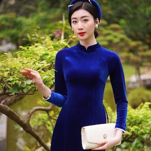 Ink Blue Plain Velvet Ao Dai Top Only, NO PANTS| Pre-made Traditional VietAo Dai | Lunar New Year|Ao Dai Truyen Thong|Ao Dai Nhung|11,12C