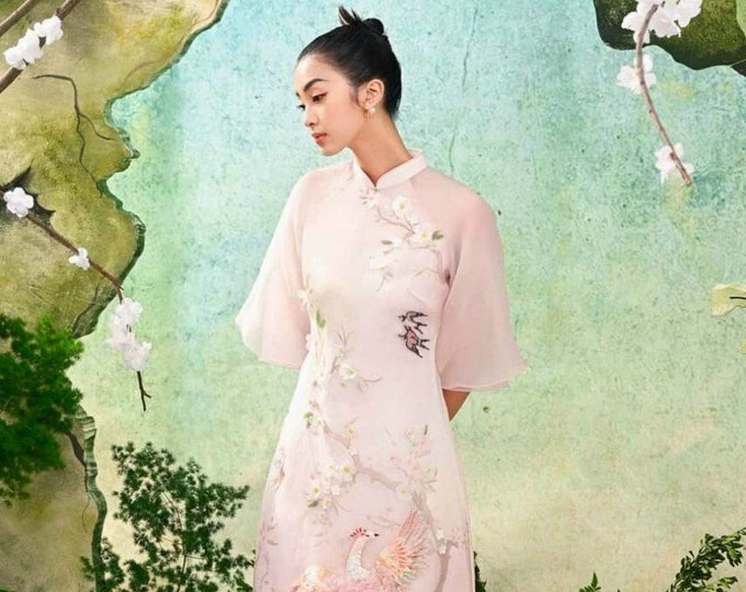 Blush Sparkle Peacock Ao Dai Set Premade Modernized Vietnamese Ao Dai