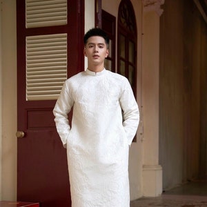 Men White 3D Gam Ao Dai Top| Pre-made Traditional Vietnamese Ao Dai 38D| Lunar New Year | Ao Dai for Dad, Boy | Ao Dai Tet|