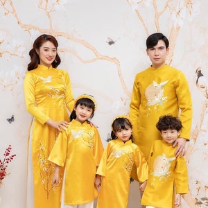 Family Yellow Embroidery Mai Ao Dai Set 25BC| Pre-made Traditional Vietnamese Ao Dai| Lunar New Year|Ao Dai for Girl, Mom, Dad, Boy|Ao Tet