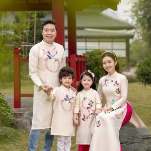 Family Cream Embroidery Ao Dai Set 25A| Pre-made Traditional Vietnamese Ao Dai| Lunar New Year | Ao Dai for Girl, Mom, Dad, Boy | Ao Dai Tet