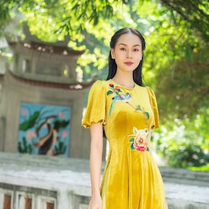 Yellow Puffy Sleeves  Embroidery Velvet Ao Dai Top Only, NO PANTS 40D| Pre-made Traditional Vietnamese Ao Dai|Lunar New Year |Ao Dai Nhung |