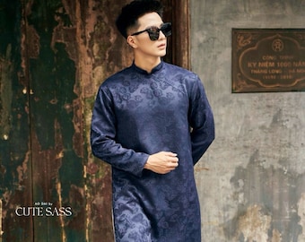 Men Dark Blue Paisley Gam Ao Dai Top 8A-B| Pre-made Traditional Vietnamese Ao Dai| Lunar New Year | Ao Dai for Dad, Boy|Ao Dai Tet|