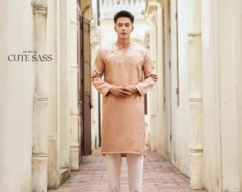 Men Taupe Gam Silk Ao Dai Top| Pre-made Traditional Vietnamese Ao Dai| Lunar New Year | Ao Dai for Dad, Boy | Ao Dai Tet|H4