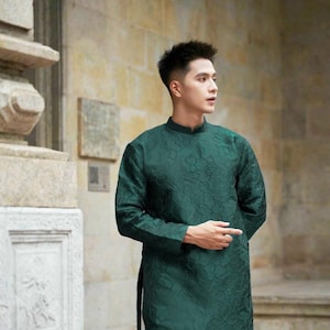 Men Dark Green 3D Sparkle Gam Ao Dai Top| Pre-made Traditional Vietnamese Ao Dai| Lunar New Year | Ao Dai for Dad, Boy | Ao Dai Tet|11D