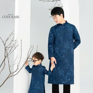 Men and Boy Dark Blue Tu Minh Ao Dai Set 18C- 8C| Pre-made Vietnamese Ao Dai| Lunar New Year | Ao Dai for Girl, Mom, Dad, Boy | Ao Dai Tet|