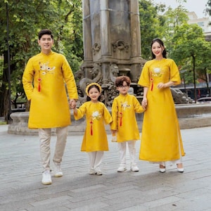 Family Yellow Ribbon Ao Dai Set (No Tassel, No Headband) 2C| Pre-made Vietnamese Ao Dai|Lunar New Year|Ao Dai for Girl, Mom, Dad, Boy|