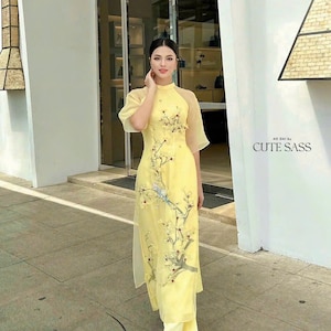 Yellow 3D Branches Ao Dai Set | Pre-made Modernized Vietnamese Ao Dai| Ao Dai with Pants| Lunar New Year| Ao Dai Cach Tan|M5