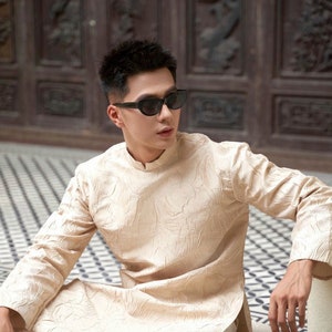 Men Beige/Tan 3D Gam Ao Dai Top 23-24C| Pre-made Traditional Vietnamese Ao Dai| Lunar New Year | Ao Dai for Dad, Boy | Ao Dai Tet|