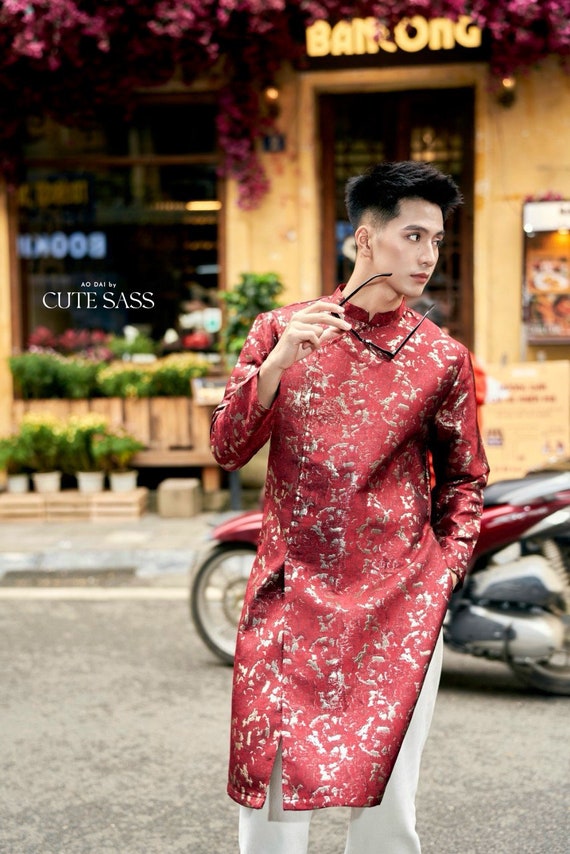 Men Red/Gold Gam Ao Dai Top 34-35B| Pre-made Traditional