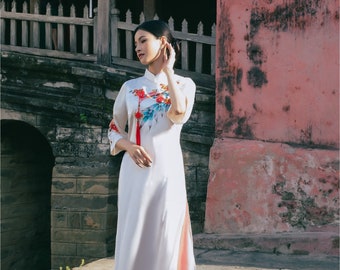 White Mai Embroidery Ao Dai Set | Pre-made Traditional Vietnamese Ao Dai| Women Ao Dai with Pants | Lunar New Year| Ao Dai Truyen Thong