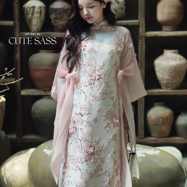 Yen - Pink and Gold 3D Flowers Bow Shifted Ao Dai Set 17B, 18B