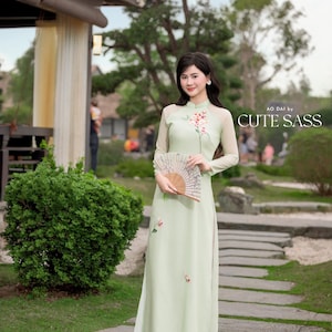 Pastel Green 3D Cosmos Ao Dai Set 33A| Pre-made Traditional Vietnamese Ao Dai | Women Ao Dai with Pants | Lunar New Year|