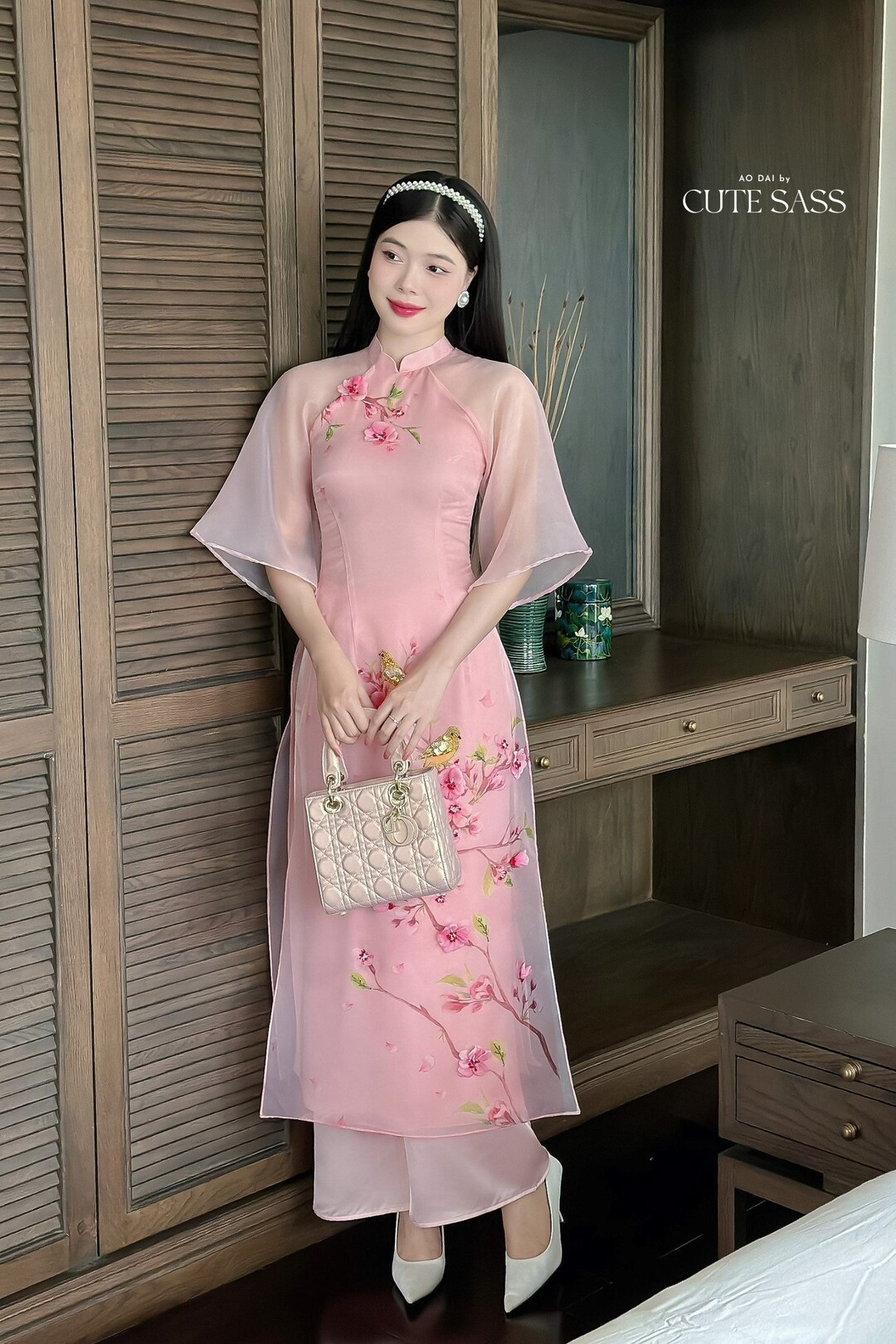 Pink Wide Sleeves 3D Branches Ao Dai Set Pre-made Modernized Vietnamese ...