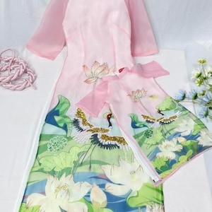 Mom and Daughter Sparke Pink Crane Ao Dai Set | Pre-made Modern Vietnamese Ao Dai | Lunar New Year | Ao Dai for Girl, Mom |36D