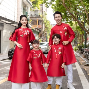 Cat Tuong - Family Red Ribbon Matching Ao Dai Set (No Tassel) 8C| Pre-made Traditional Vietnamese Ao Dai | Lunar New Year |