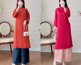 Shifted Red/Orange Ao Dai Set (No Headband) | Pre-made Vietnamese Ao Dai| Women Ao Dai with Pants | Lunar New Year| Ao Dai Truyen Thong