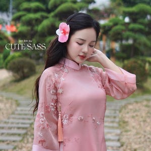 Shifted Pink Embroidery Chiffon with Clover Tassel Ao Dai Top Only, No Pants 19B|Pre-made Vietnamese Ao Dai with Pants | Lunar New Year|