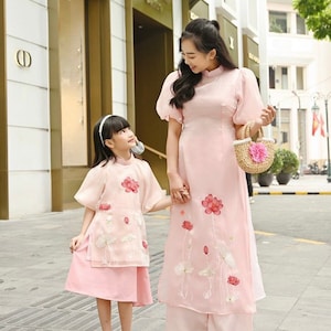 Mom and Daughter Puffy Sleeve Pink Lotus Ao Dai Set | Pre-made Modern Vietnamese Ao Dai | Lunar New Year | Ao Dai for Girl, Mom |36D