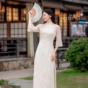 Cream Chiffon Embroidery Bow Ao Dai Set 4D |Pre-made Vietnamese Women Ao Dai with Pants | Lunar New Year|Ao Dai Cach Tan