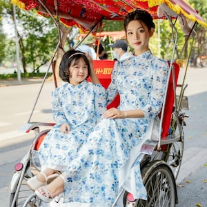 Mom and Daughter Blue Chiffon Puffy Sleeve Matching Ao Dai Set 36D| Pre-made Traditional Vietnamese Ao Dai| Lunar New Year | Ao Dai for Girl