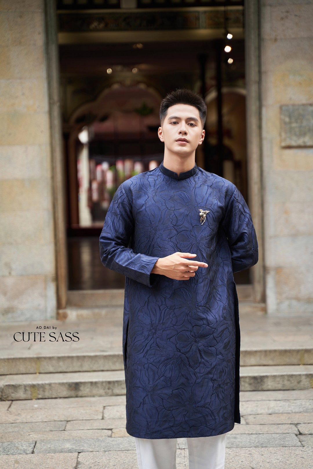 Men Dark Blue Gam Ao Dai Top 37A | Pre-made Traditional