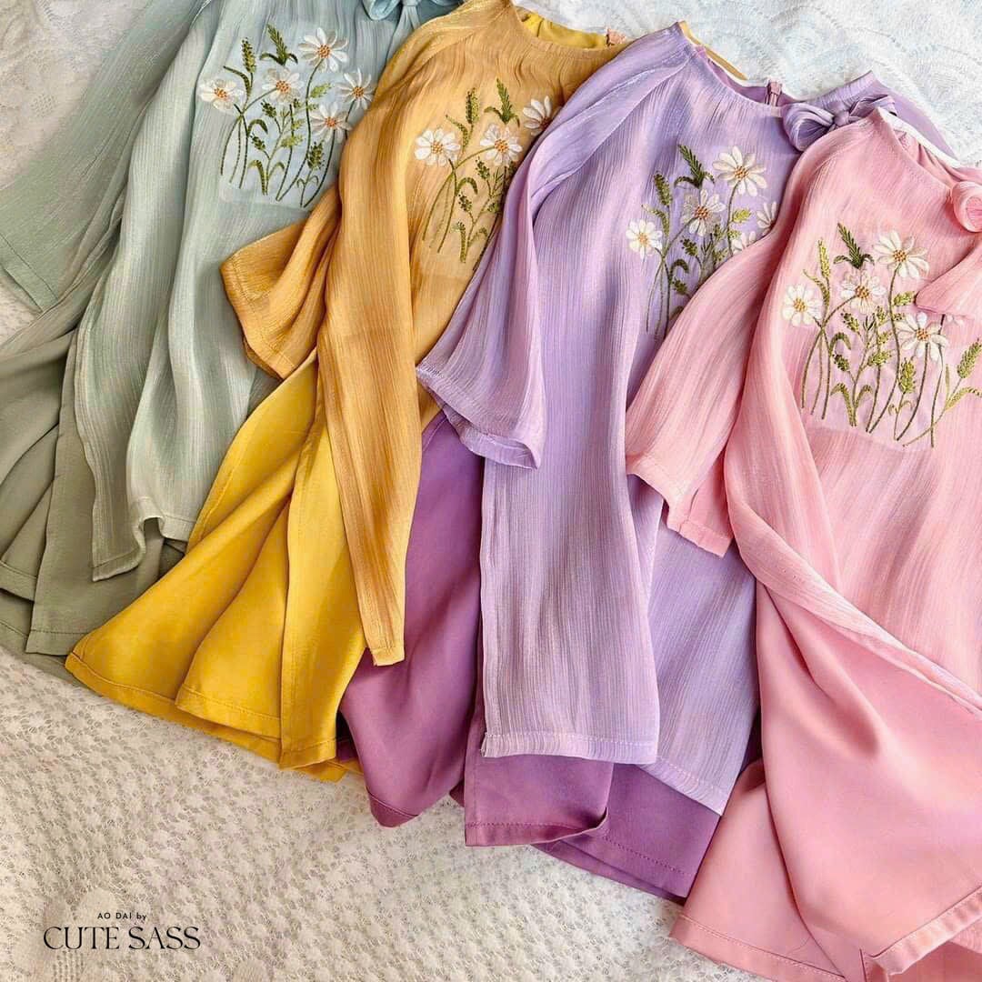 Girl Chiffon Bow Daisy Ao Dai Set (4 Colors) |Pre-made Traditional Vietnamese Ao Dai|Lunar New Year| Kid Ao Dai| Ao Dai for Girl |35,36A