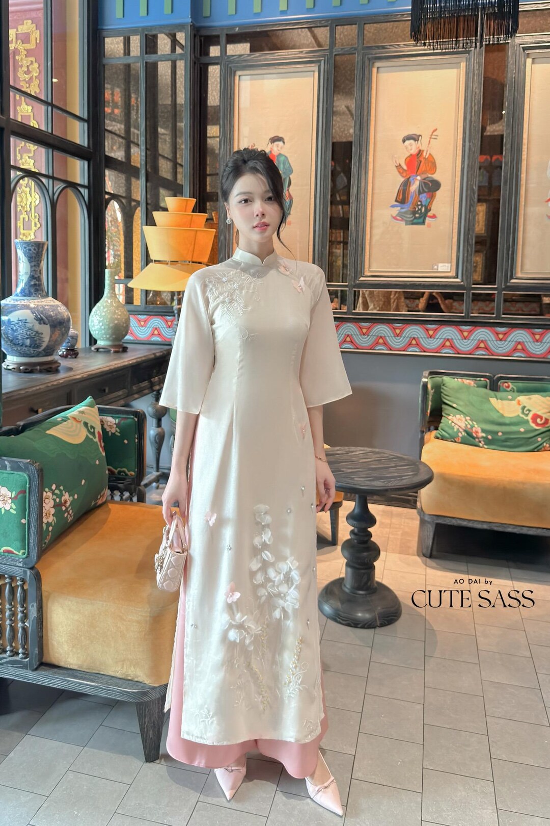Yen Oanh - Cream 3D Linh Lan Butterflies Ao Dai Set 25c|pre-made ...