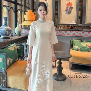 Yen Oanh - Cream 3D Linh Lan Butterflies Ao Dai Set 25C|Pre-made Traditional Vietnamese Women Ao Dai with Pants|Lunar New Year|
