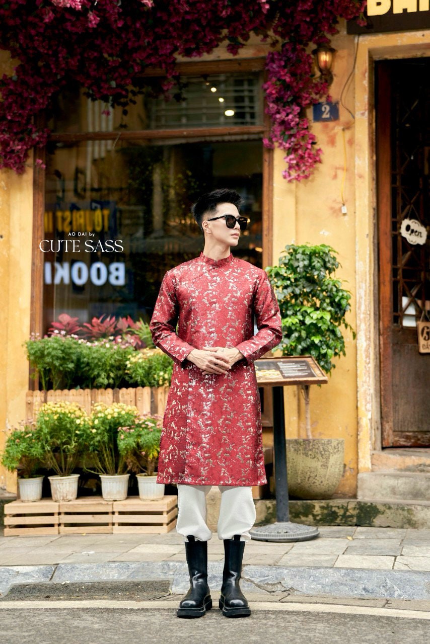 Men Red/gold Gam Ao Dai Top 34-35B| Pre-made Traditional