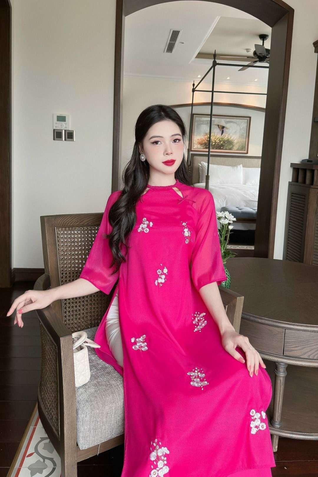 Shifted Hot Pink Braided Neckline Ao Dai Set Pre-made - Etsy