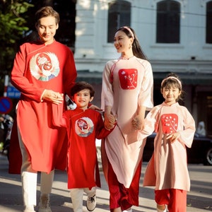Family Embroidery Red Embroidery Ao Dai Set 29C | Pre-made Vietnamese Ao Dai| Lunar New Year | Ao Dai for Girl, Mom, Dad, Boy | Ao Dai Tet|