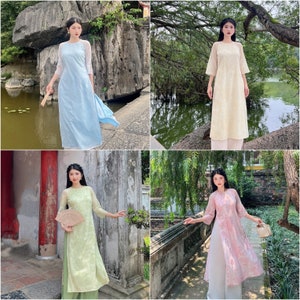 May include: Four women wearing different colored traditional Vietnamese dresses, known as Ao Dai, in various outdoor settings. The dresses feature long sleeves, a high neckline, and a split skirt. The women are standing in front of a variety of backgrounds, including a pond, a garden, and a stone wall.