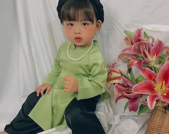 Girl Silk Ao Dai Set, No Headband (4 Colors) |Pre-made Traditional Vietnamese Ao Dai|Lunar New Year| Kid Ao Dai| M3/26D
