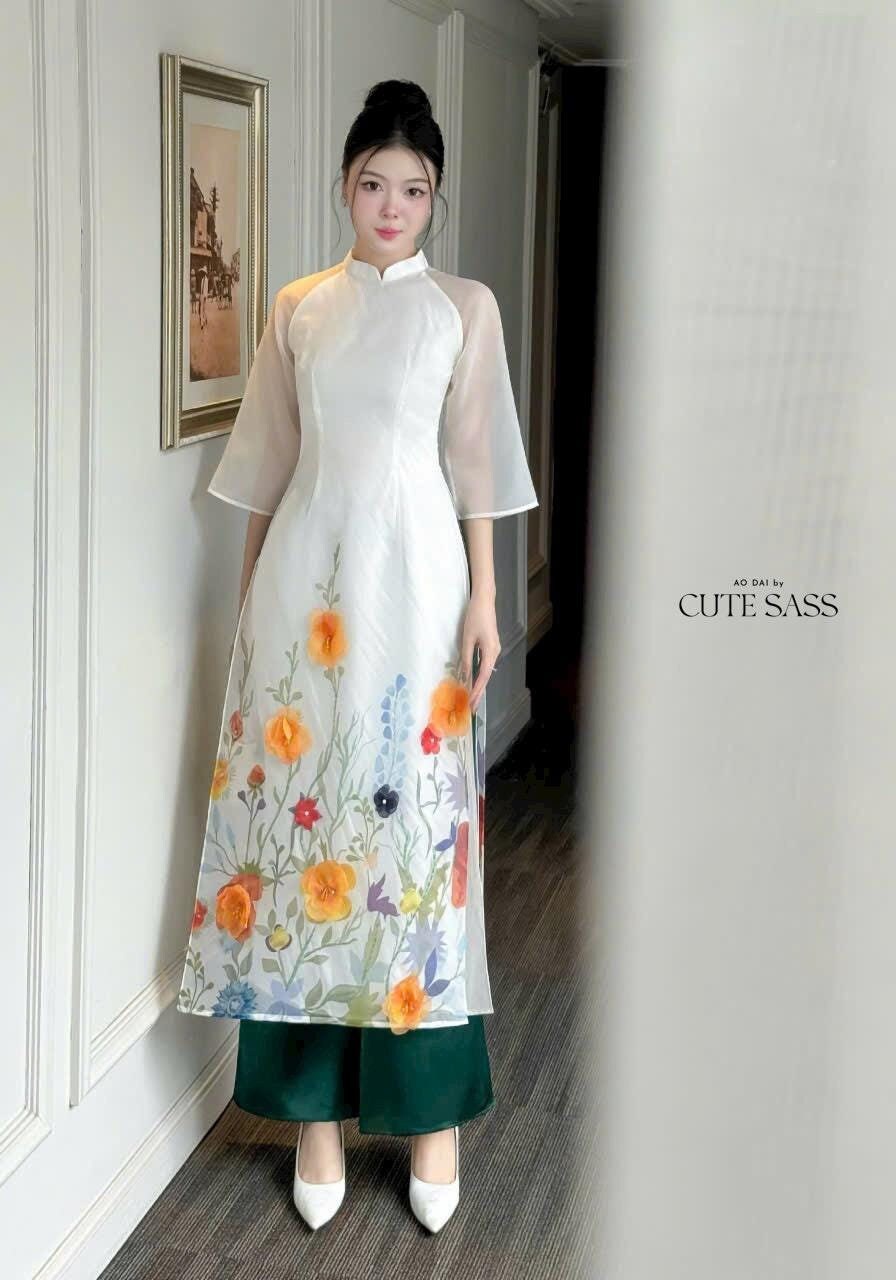 White Flower Garden Field Ao Dai Set 21C| Pre-made