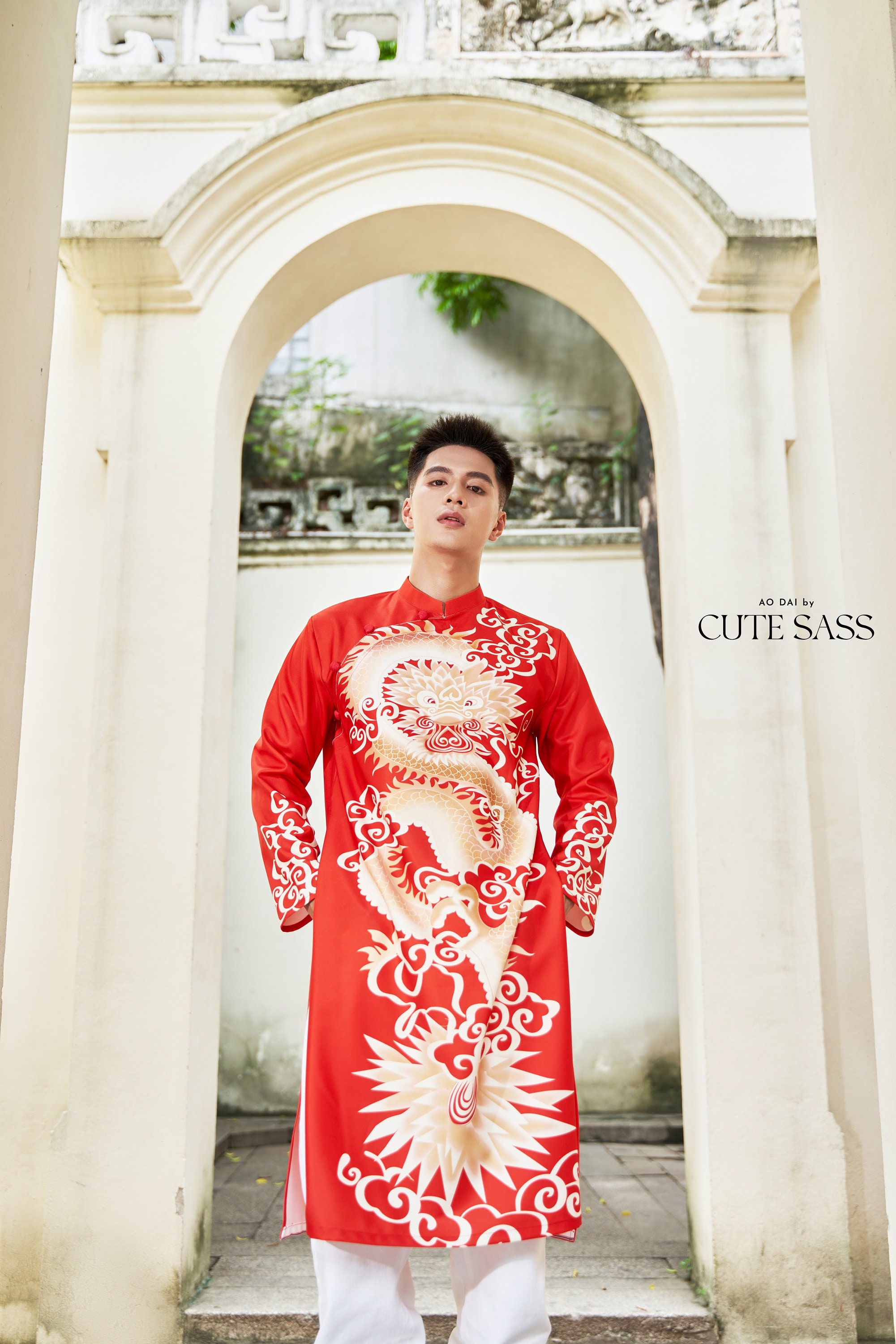 Men Red/blue Printed Dragon Ao Dai Top 33C| Pre-made