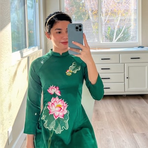 Green Lotus Embroidery Silk Ao Dai Top Only, NO PANTS 18B | Pre-made Traditional Vietnamese Ao Dai| Ao Dai with Pants| Lunar New Year|