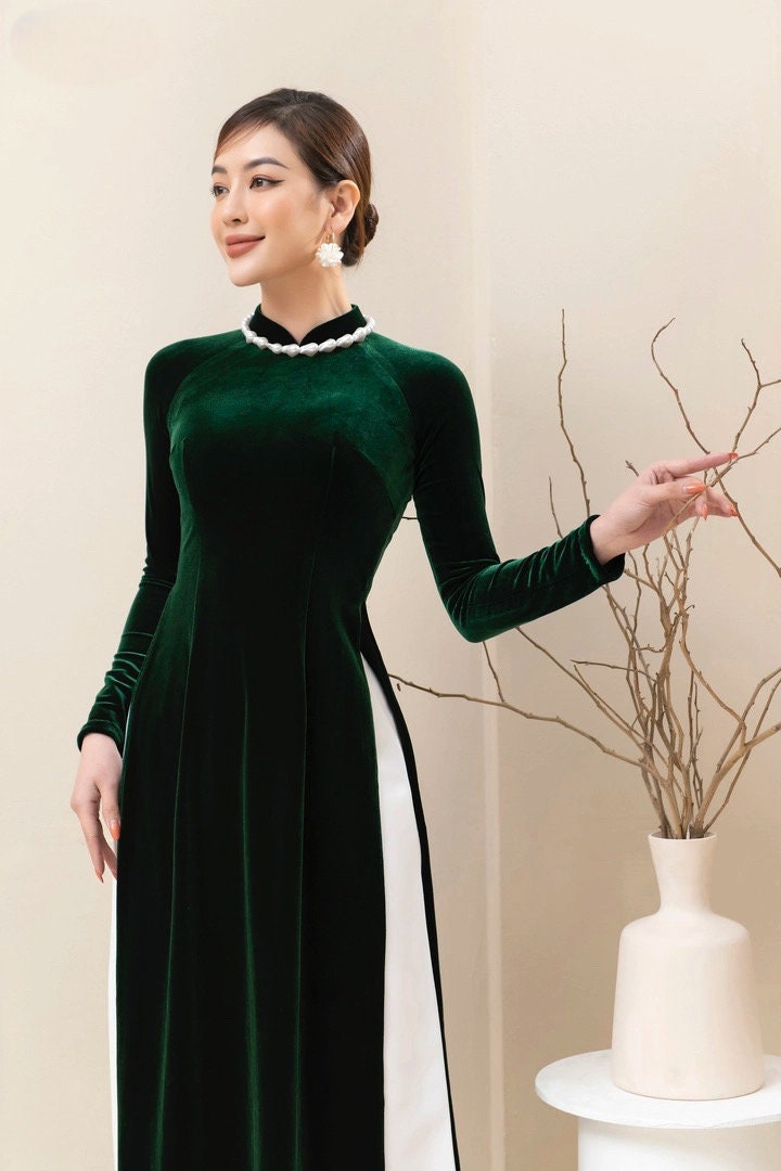 Dark Green Velvet Plain Ao Dai Top Only, NO PANTS | Pre-made