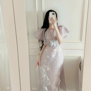 Wing Sleeve Purple Ao Dai Set | Pre-made Modernized Vietnamese Ao Dai | Women Pastel Ao Dai with Pants | Lunar New Year| Ao Dai Cach Tan
