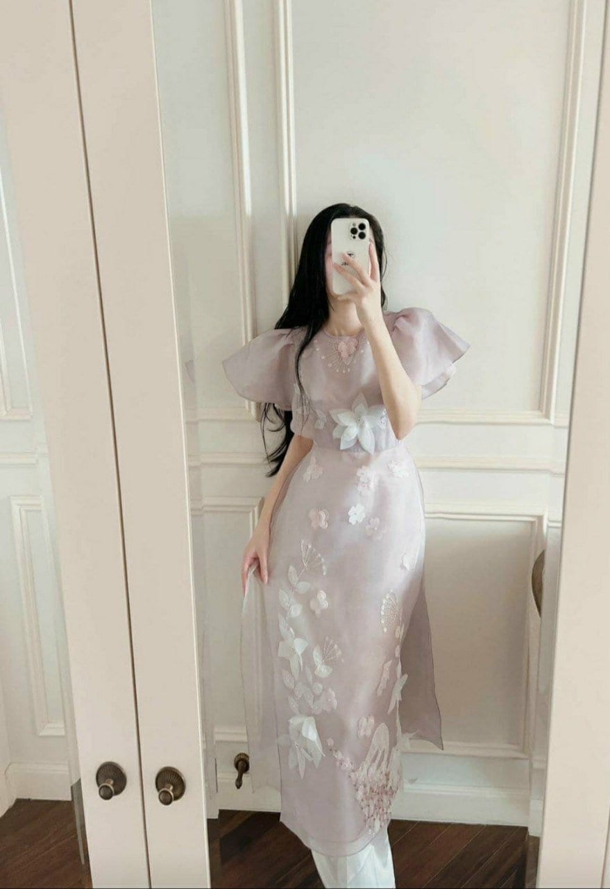 Wing Sleeve Purple Ao Dai Set | Pre-made Modernized Vietnamese Ao Dai | Women Pastel Ao Dai with Pants | Lunar New Year| Ao Dai Cach Tan