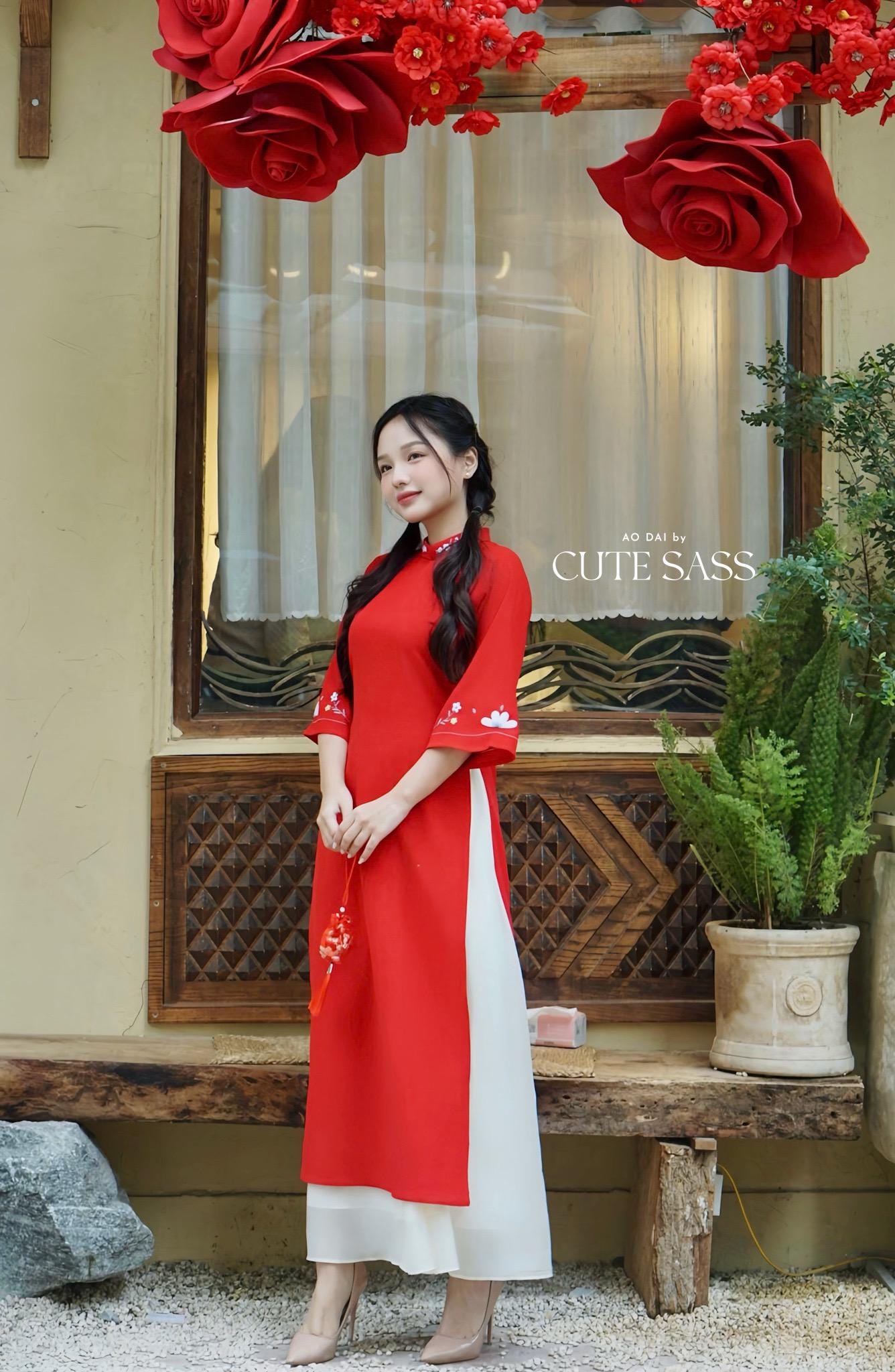 Red Daisy Ao Dai With Skirt 42A| Pre-made Modernized Vietnamese Ao