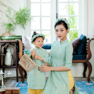 Mom and Daughter Cyan Matching Ao Dai Set with Headbands| Pre-made Traditional Vietnamese Ao Dai | Lunar New Year | Ao Dai for Girl, Mom|20A