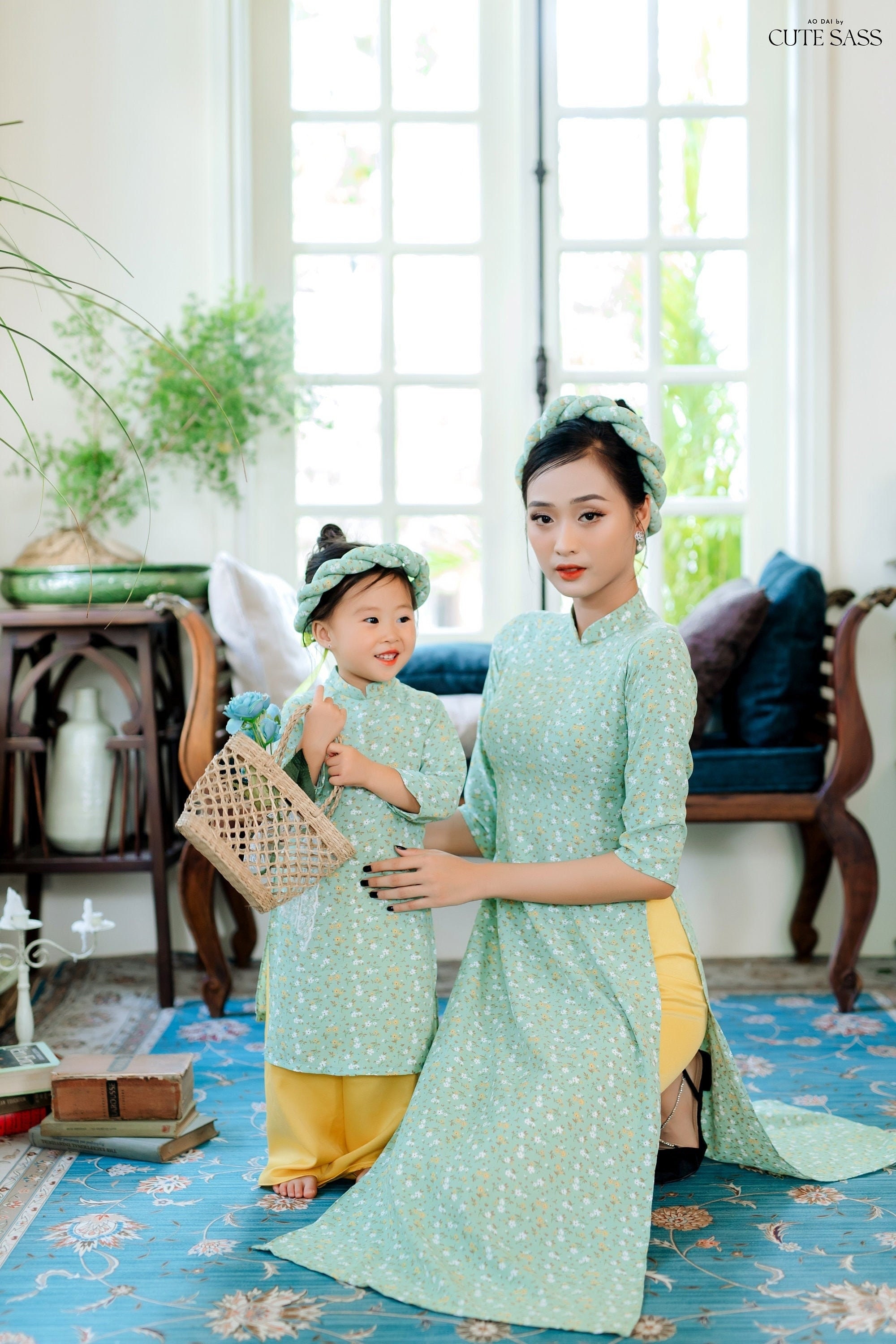 Mom and Daughter Cyan Matching Ao Dai Set with Headbands| Pre-made Traditional Vietnamese Ao Dai | Lunar New Year | Ao Dai for Girl, Mom|20A