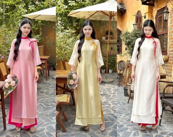Sheer Shifted Chiffon Bow Ao Dai Set (3 Colors) 33B |Pre-made Modernized Vietnamese Ao Dai| Ao Dai with Pants | Lunar New Year