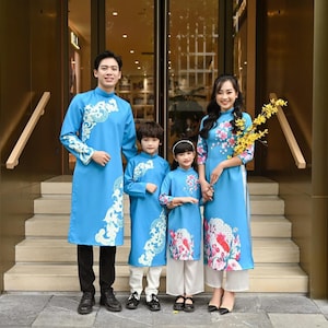 Family Blue Printed Ao Dai Set| Pre-made Traditional Vietnamese Ao Dai| Lunar New Year | Ao Dai for Girl, Mom, Dad, Boy | Ao Dai Tet | 35D