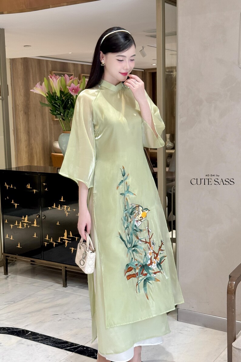 Green Bamboo Embroidery Chiffon Ao Dai Set 11B Premade Traditional